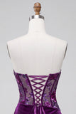 Espartilho de veludo roxo Bodycon Vestido Curto de Regresso a Casa Floral Franzido sem alças
