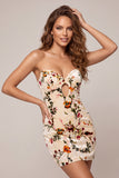 Vestido de regresso a casa, com estampado sem alças em veludo floral Champanhe Bodycon, com fechadura
