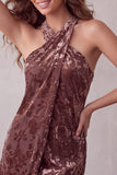 Vestido de cocktail calqui Bodycon Bodycon Halter Burnout Veludo Curto de Veludo