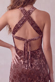 Vestido de cocktail calqui Bodycon Bodycon Halter Burnout Veludo Curto de Veludo