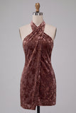 Vestido de cocktail calqui Bodycon Bodycon Halter Burnout Veludo Curto de Veludo
