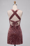 Vestido de cocktail calqui Bodycon Bodycon Halter Burnout Veludo Curto de Veludo