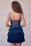 Espartilho A-Line azul-marinho Burnout Veludo com folhos em camadas Vestido curto de regresso a casa com renda nas costas