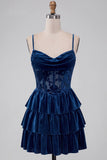 Espartilho A-Line azul-marinho Burnout Veludo com folhos em camadas Vestido curto de regresso a casa com renda nas costas