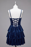 Espartilho A-Line azul-marinho Burnout Veludo com folhos em camadas Vestido curto de regresso a casa com renda nas costas