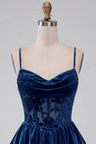 Espartilho A-Line azul-marinho Burnout Veludo com folhos em camadas Vestido curto de regresso a casa com renda nas costas