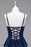 Espartilho A-Line azul-marinho Burnout Veludo com folhos em camadas Vestido curto de regresso a casa com renda nas costas