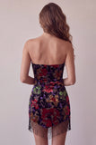 Vestido Mini de Regresso a Casa Preto Bodycon Bodycon, Estampado Floral Sem Alças, com franjas