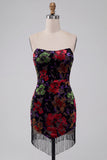 Vestido Mini de Regresso a Casa Preto Bodycon Bodycon, Estampado Floral Sem Alças, com franjas