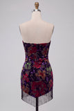 Vestido Mini de Regresso a Casa Preto Bodycon Bodycon, Estampado Floral Sem Alças, com franjas
