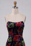 Vestido Mini de Regresso a Casa Preto Bodycon Bodycon, Estampado Floral Sem Alças, com franjas