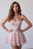 Blush Strapless A-Line Lenyetas Bordado Floral Vestido Curto de Regresso a Casa