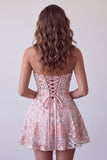 Blush Strapless A-Line Lenyetas Bordado Floral Vestido Curto de Regresso a Casa