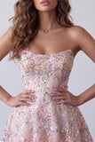Blush Strapless A-Line Lenyetas Bordado Floral Vestido Curto de Regresso a Casa
