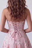 Blush Strapless A-Line Lenyetas Bordado Floral Vestido Curto de Regresso a Casa