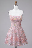 Blush Strapless A-Line Lenyetas Bordado Floral Vestido Curto de Regresso a Casa