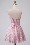 Blush Strapless A-Line Lenyetas Bordado Floral Vestido Curto de Regresso a Casa