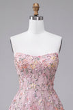 Blush Strapless A-Line Lenyetas Bordado Floral Vestido Curto de Regresso a Casa