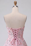 Blush Strapless A-Line Lenyetas Bordado Floral Vestido Curto de Regresso a Casa