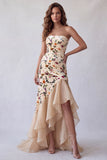 Vestido formal longo de veludo de veludo champanhe sem alças com estampado alto-baixo