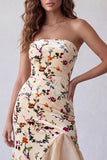 Vestido formal longo de veludo de veludo champanhe sem alças com estampado alto-baixo