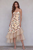 Vestido formal longo com padrão A-line assimétrico com folhos com folhos altos e baixos estampado champanhe
