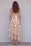Vestido formal longo com padrão A-line assimétrico com folhos com folhos altos e baixos estampado champanhe