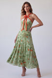 Vestido formal longo floral floral Sage Sage A-Line Halter Dusty com laço