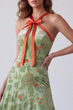 Vestido formal longo floral floral Sage Sage A-Line Halter Dusty com laço
