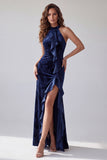 Vestido longo de noite com folhos de veludo azuluado azul-marinho com bainha