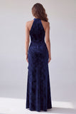 Vestido longo de noite com folhos de veludo azuluado azul-marinho com bainha