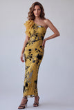 Vestido formal comprido estampado com um ombro e folhos