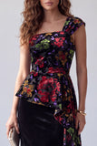 Vestido de noite preto floral com estampado de veludo preto, um ombro comprido