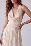 Vestido formal longo e franzido em linha A em marfim floral