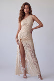 Vestido longo de noite floral de um ombro em marfim com fenda lateral