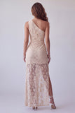 Vestido longo de noite floral de um ombro em marfim com fenda lateral
