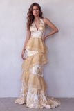 Vestido formal longo em camadas Champanhe Champanhe A-Line Halter com folhos