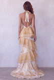 Vestido formal longo em camadas Champanhe Champanhe A-Line Halter com folhos