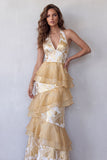 Vestido formal longo em camadas Champanhe Champanhe A-Line Halter com folhos