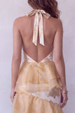Vestido formal longo em camadas Champanhe Champanhe A-Line Halter com folhos