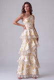 Vestido formal longo com folhos assimétrico de um ombro com um ombro e folhos