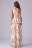 Vestido formal longo com folhos assimétrico de um ombro com um ombro e folhos