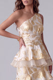 Vestido formal longo com folhos assimétrico de um ombro com um ombro e folhos