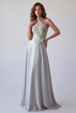 Vestido formal longo em cetim cinzento floral em linha A