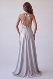 Vestido formal longo em cetim cinzento floral em linha A