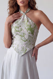 Vestido formal longo em cetim cinzento floral em linha A