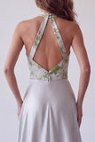 Vestido formal longo em cetim cinzento floral em linha A