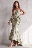 Vestido formal longo em V, sereia sálvia empoeirada High-Low com laço