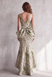 Vestido formal longo em V, sereia sálvia empoeirada High-Low com laço