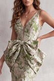 Vestido formal longo em V, sereia sálvia empoeirada High-Low com laço